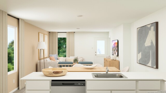 kitchen featuring stainless steel dishwasher, white cabinets, sink, and a wealth of natural light