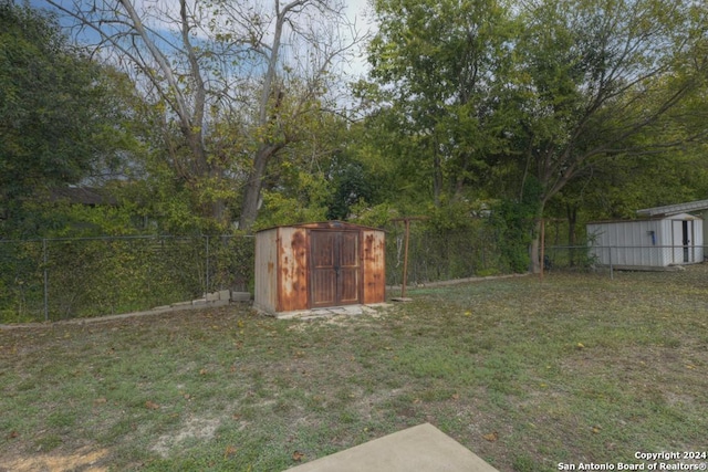 view of yard featuring a storage unit