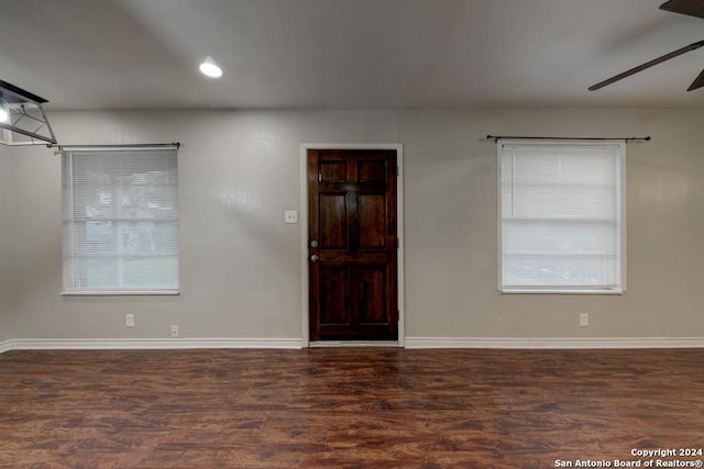 entryway featuring ceiling fan, dark hardwood / wood-style flooring, and plenty of natural light