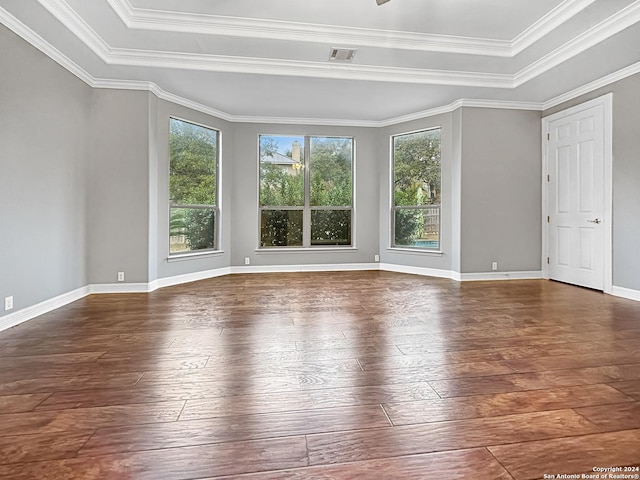 empty room featuring a raised ceiling, crown molding, and dark wood-type flooring