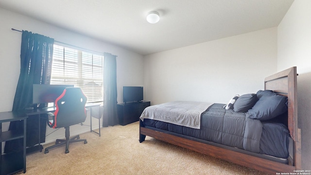 bedroom featuring light colored carpet