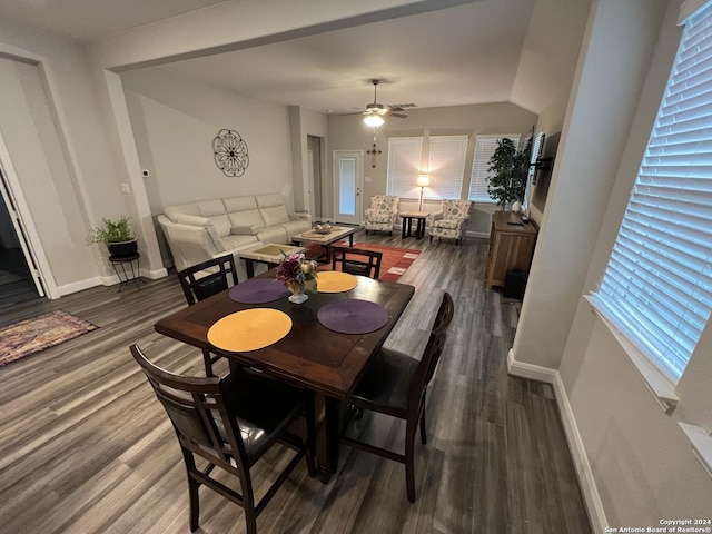 dining area featuring dark hardwood / wood-style flooring and ceiling fan