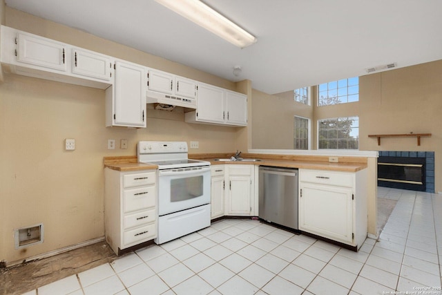 kitchen featuring white electric range oven, white cabinets, kitchen peninsula, and dishwasher