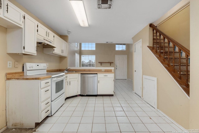 kitchen featuring white cabinetry, stainless steel dishwasher, white range with electric cooktop, kitchen peninsula, and light tile patterned floors