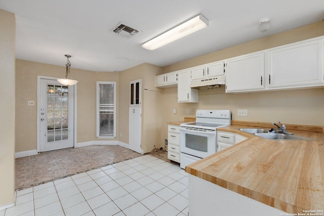 kitchen featuring white cabinetry, sink, white electric range, decorative light fixtures, and light tile patterned floors