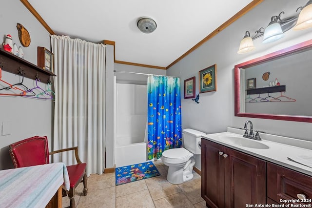 full bathroom with tile patterned flooring, crown molding, toilet, vanity, and shower / tub combo