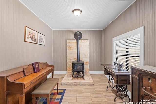 living room with a wood stove