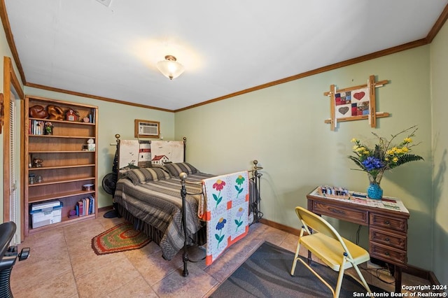 bedroom featuring light tile patterned floors and ornamental molding