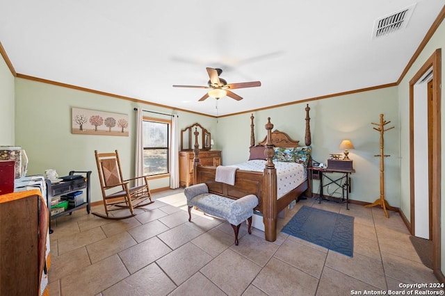 bedroom featuring ceiling fan, light tile patterned flooring, and ornamental molding