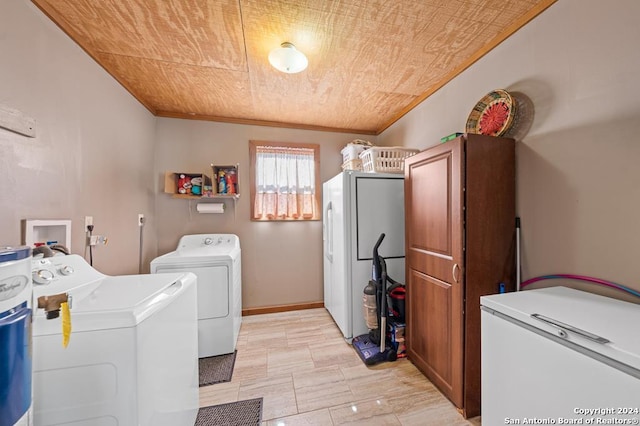 laundry room with washing machine and dryer and wood ceiling