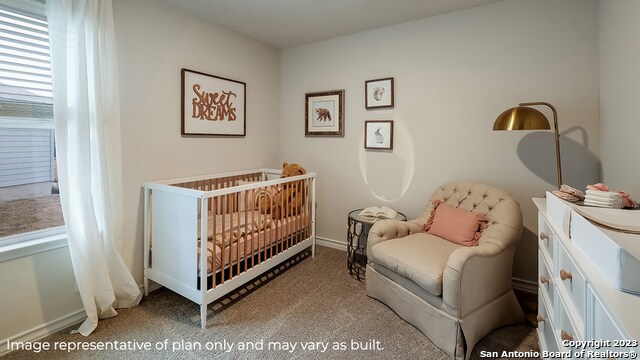 bedroom with a crib and carpet