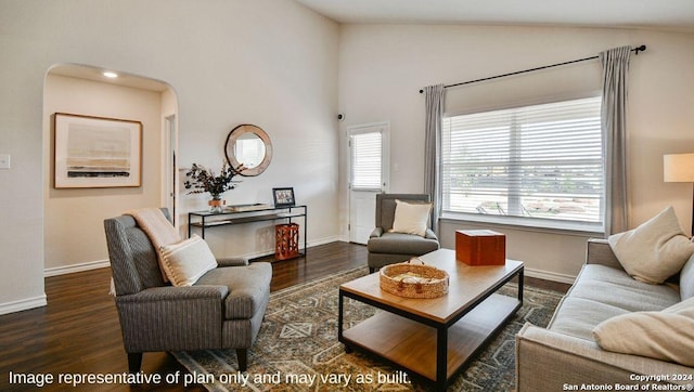 living room with dark wood-type flooring and vaulted ceiling