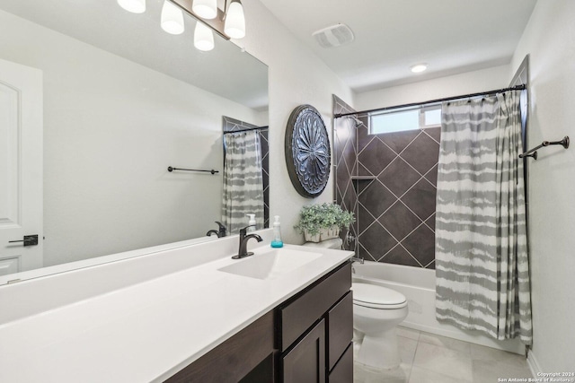 full bathroom featuring vanity, shower / tub combo, and toilet