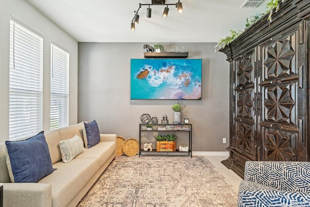 living room with a wealth of natural light and track lighting