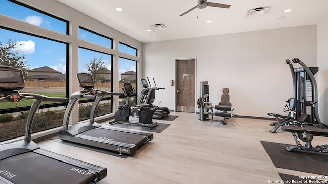 exercise room with ceiling fan and light wood-type flooring