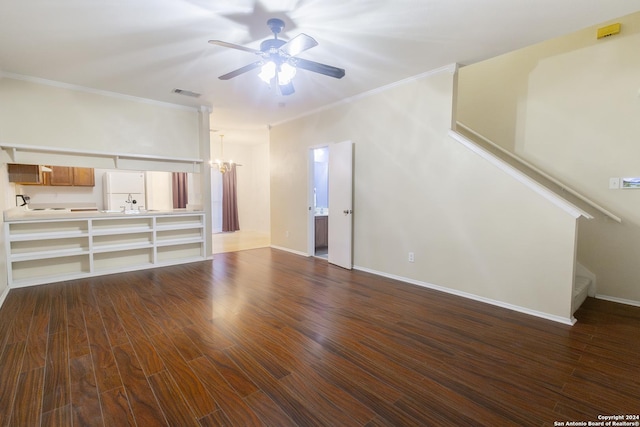 unfurnished living room featuring crown molding, dark hardwood / wood-style flooring, and ceiling fan with notable chandelier