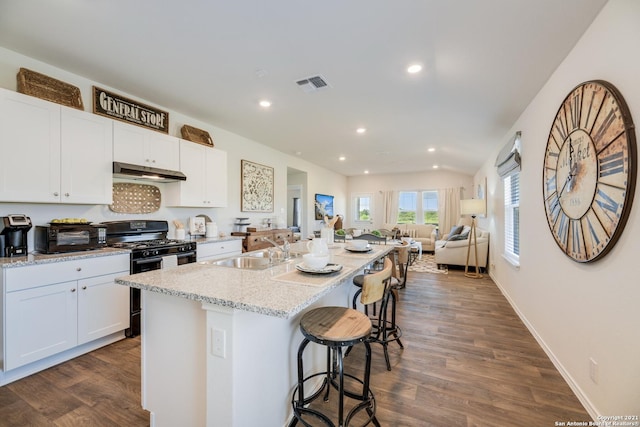 kitchen with white cabinetry, black gas stove, a center island with sink, and sink