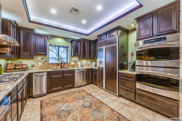 kitchen with light stone countertops, appliances with stainless steel finishes, a raised ceiling, and sink