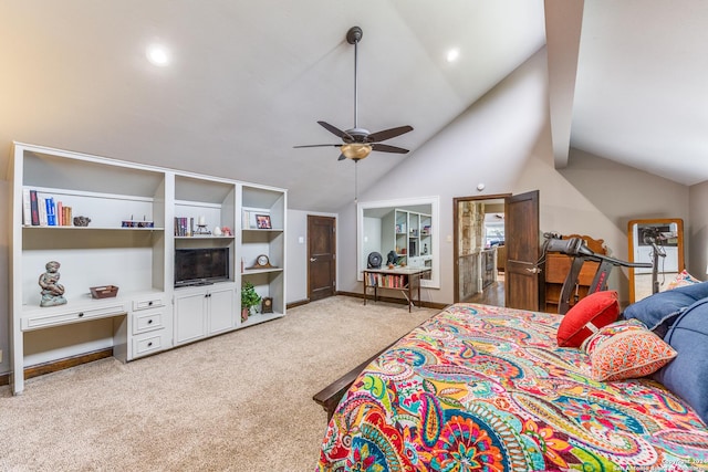 carpeted bedroom featuring vaulted ceiling and ceiling fan