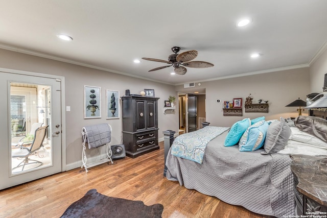 bedroom featuring access to exterior, hardwood / wood-style flooring, ceiling fan, and crown molding