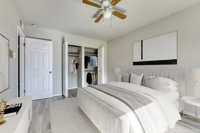 bedroom featuring ceiling fan and light wood-type flooring