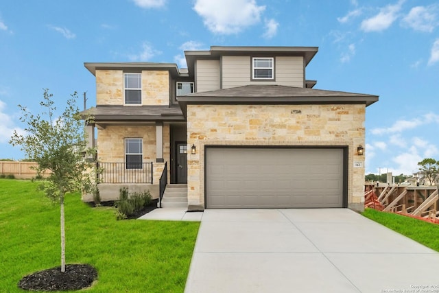 142 Ashley Loop, San Antonio, TX 78253 - view of front of property with stone siding, a garage, and concrete driveway