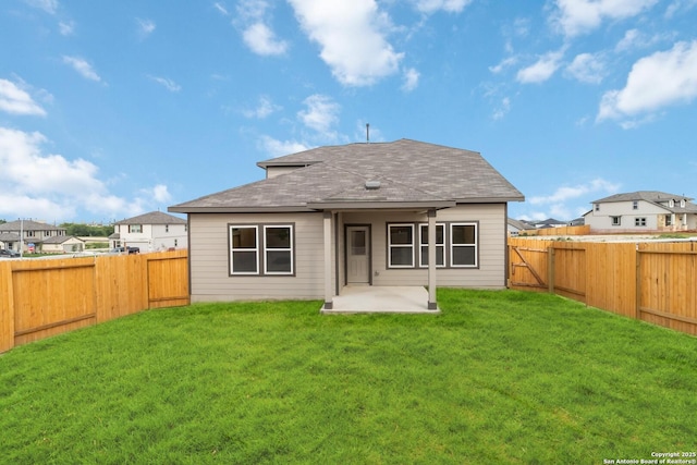 142 Ashley Loop, San Antonio, TX 78253 - back of house with a fenced backyard, a patio area, roof with shingles, and a residential view