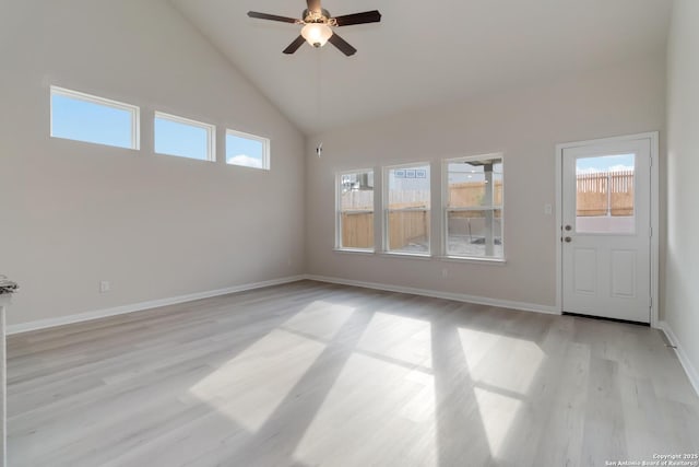 142 Ashley Loop, San Antonio, TX 78253 - empty room featuring a ceiling fan, light wood finished floors, and high vaulted ceiling