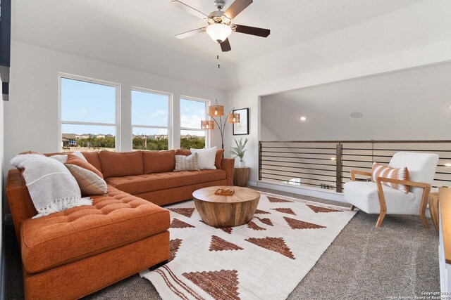 142 Ashley Loop, San Antonio, TX 78253 - living room with carpet, vaulted ceiling, and ceiling fan
