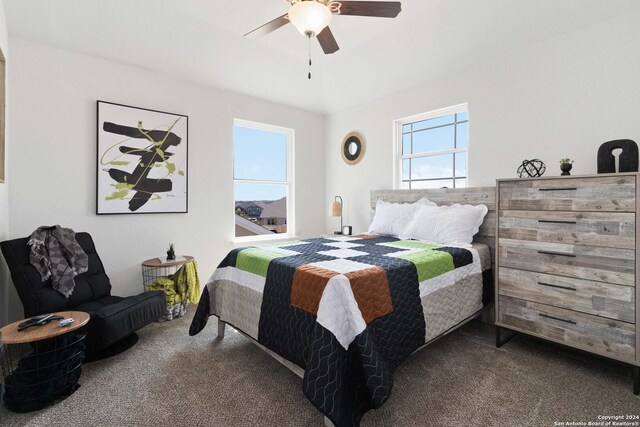 142 Ashley Loop, San Antonio, TX 78253 - bedroom with ceiling fan and dark colored carpet