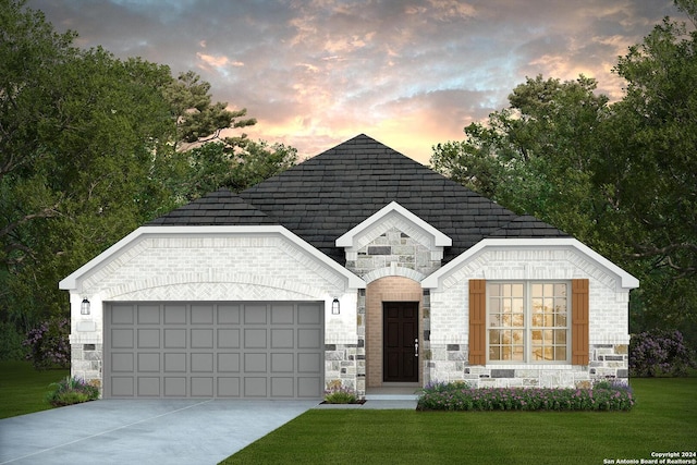 11423 Buffalo Bill, San Antonio, TX 78254 - view of front of house featuring stone siding, driveway, an attached garage, and a yard