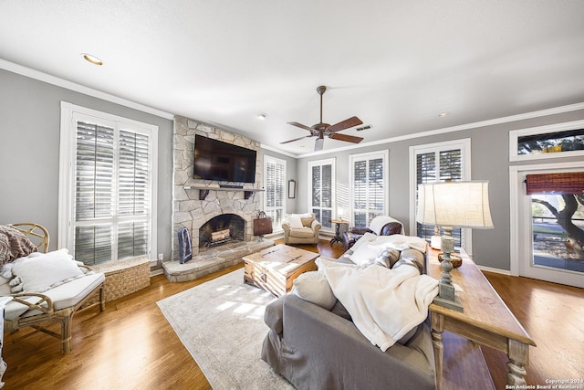 living room with ceiling fan, crown molding, wood-type flooring, and a fireplace