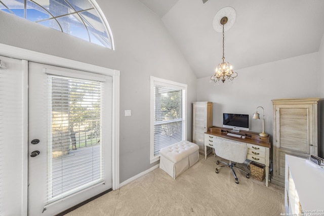 home office featuring a chandelier, carpet, and high vaulted ceiling