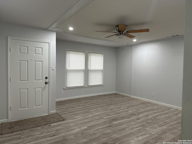 entrance foyer featuring ceiling fan and light hardwood / wood-style flooring