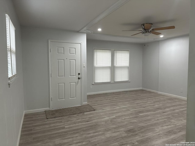 entryway featuring ceiling fan and light wood-type flooring