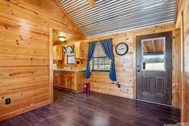 foyer featuring wood walls, dark hardwood / wood-style flooring, sink, and vaulted ceiling