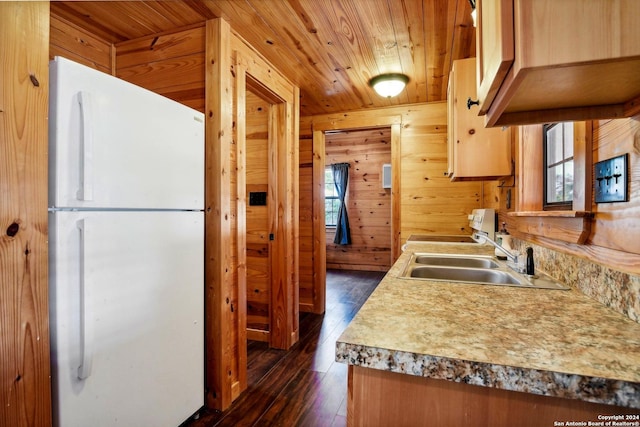 kitchen with wood walls, wooden ceiling, white refrigerator, sink, and dark hardwood / wood-style flooring