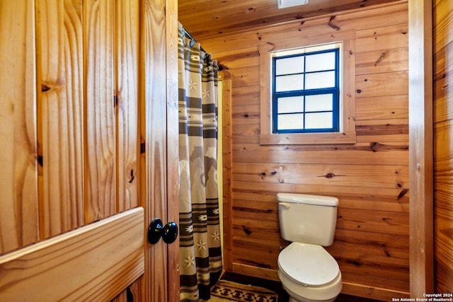 bathroom with toilet and wooden walls