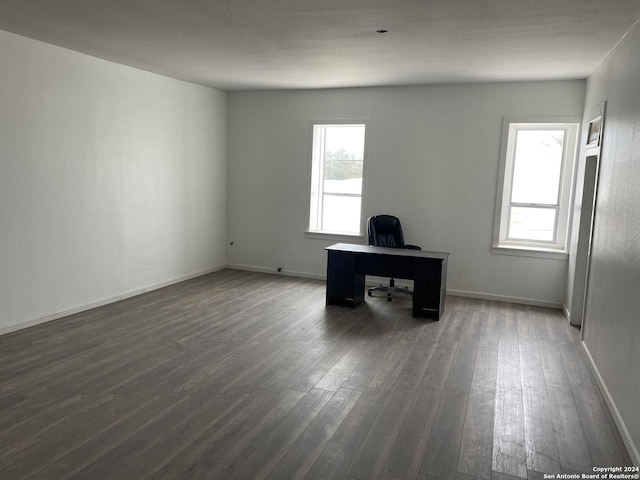 office with dark hardwood / wood-style flooring and a wealth of natural light