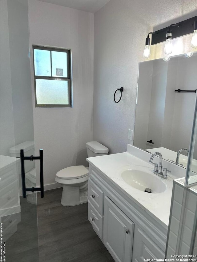 bathroom featuring toilet, vanity, and hardwood / wood-style floors