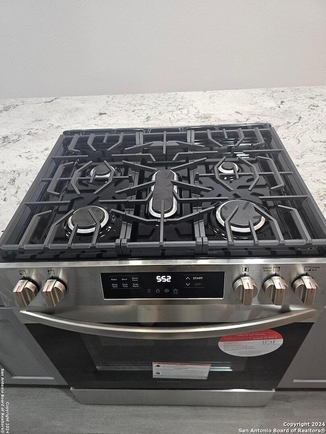 details with light stone counters and stainless steel stove