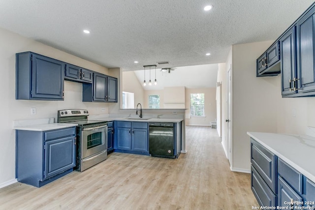 kitchen featuring sink, black dishwasher, light hardwood / wood-style floors, pendant lighting, and stainless steel range with electric stovetop