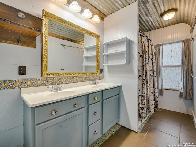 bathroom with a shower with curtain, vanity, tile patterned floors, and wooden ceiling