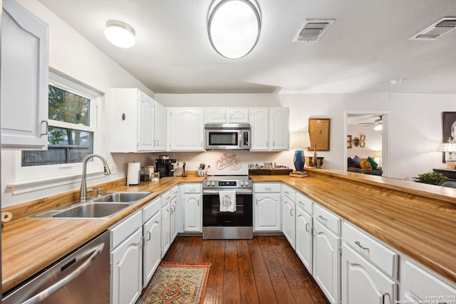 kitchen featuring sink, dark hardwood / wood-style floors, ceiling fan, white cabinetry, and stainless steel appliances