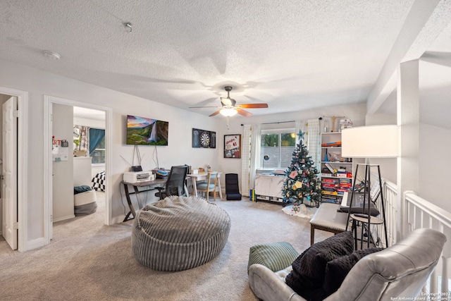 living room with a textured ceiling and light colored carpet