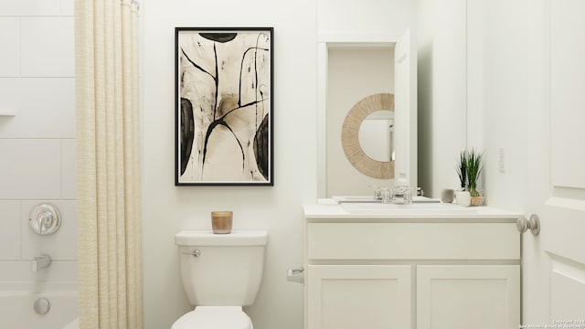 full bathroom featuring shower / bath combo, vanity, and toilet