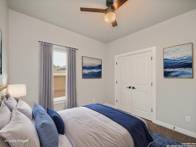 bedroom featuring carpet flooring, ceiling fan, and a closet