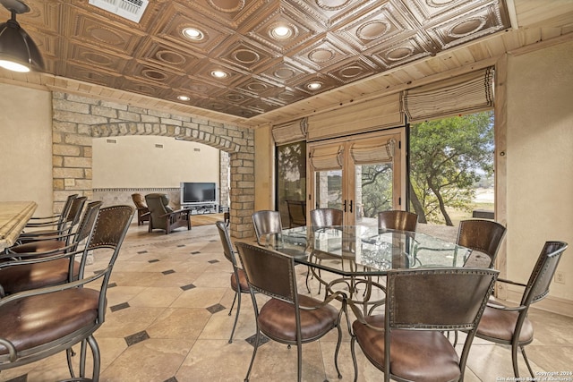 694 Scenic Cir, Pipe Creek, TX 78063 - dining room with an ornate ceiling and french doors