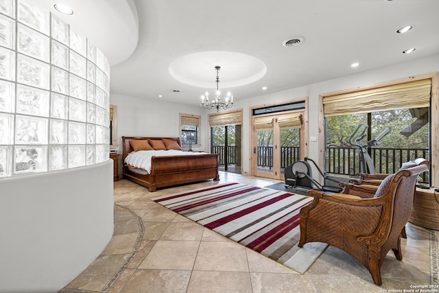 694 Scenic Cir, Pipe Creek, TX 78063 - bedroom featuring access to outside, multiple windows, recessed lighting, a chandelier, and a raised ceiling