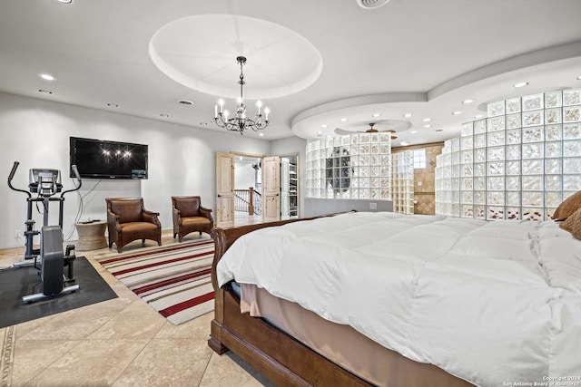 694 Scenic Cir, Pipe Creek, TX 78063 - bedroom with recessed lighting, a chandelier, and a raised ceiling
